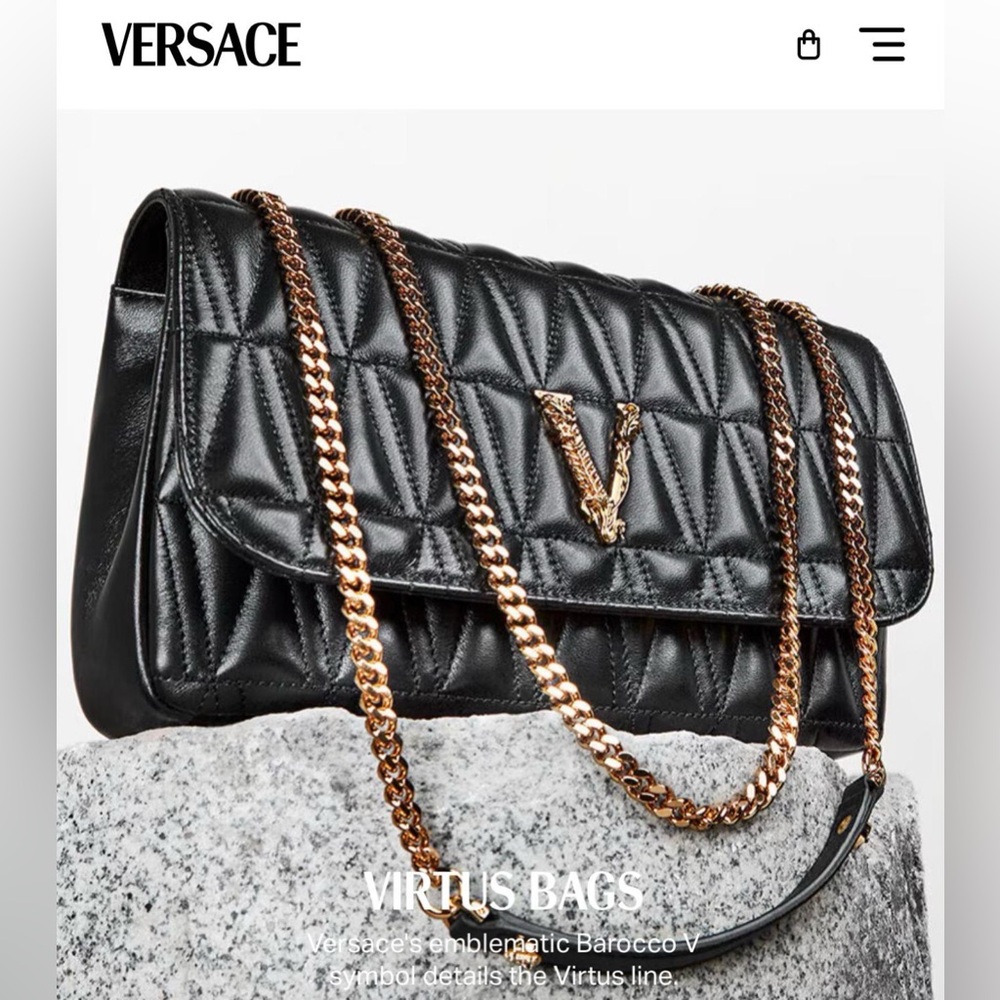 Versace Virtus Black Quilted Shoulder Bag with Gold Chain Barocco Lined Print